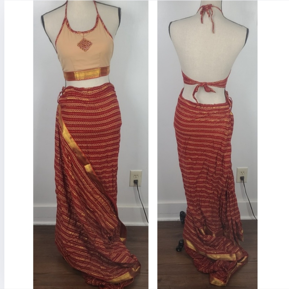 Red Sari Saree Skirt & Running Blouse Border Leheriya Print Regular Wear S - Picture 6 of 16